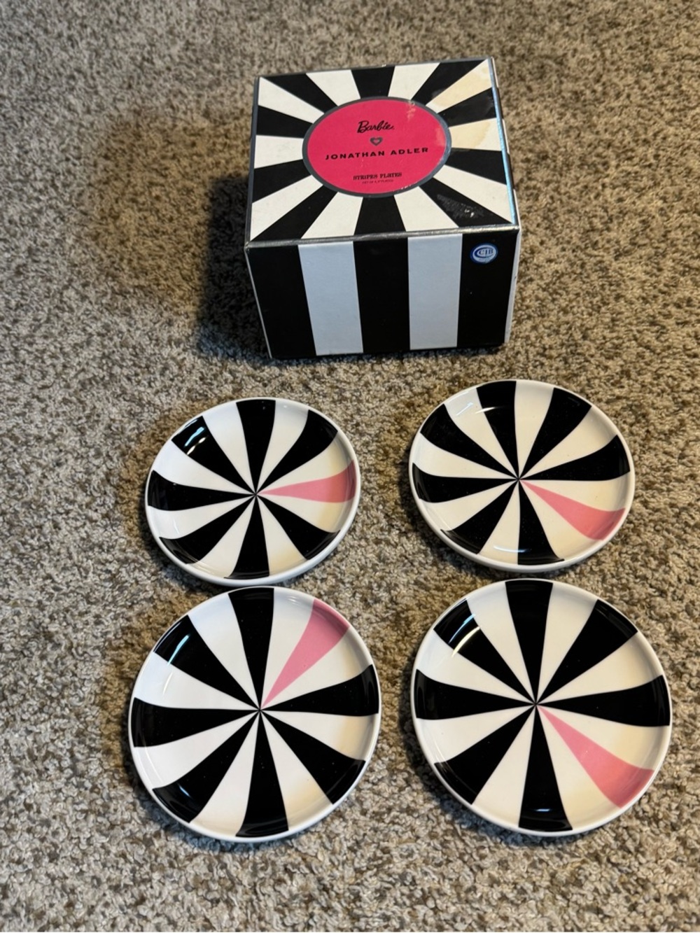 Barbie x Jonathan Adler Pink & Black Pinwheel Stripes 5” Plates (Set of 4)